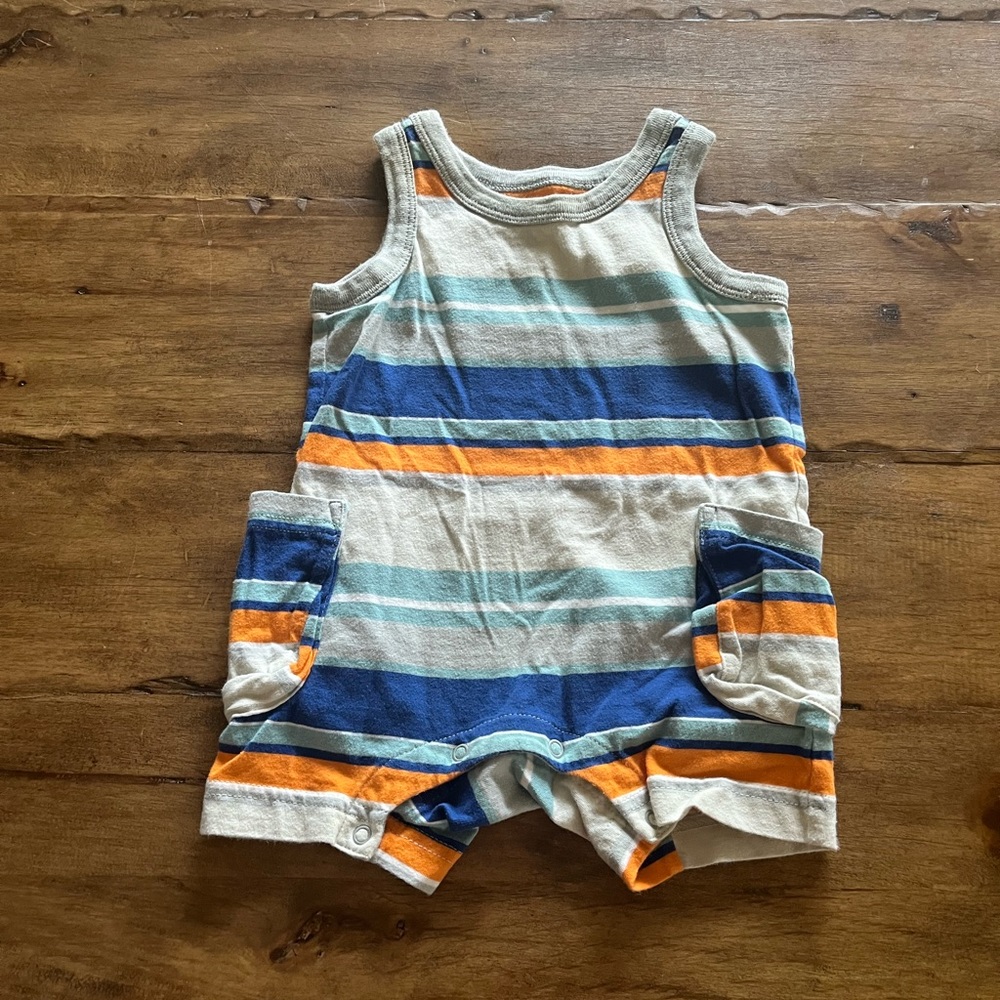Tea Collection Blue multi stripe romper with side pockets 3-6m